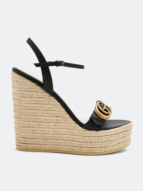 Gucci Black Leather Espadrille Wedge Sandals with Gold Double G